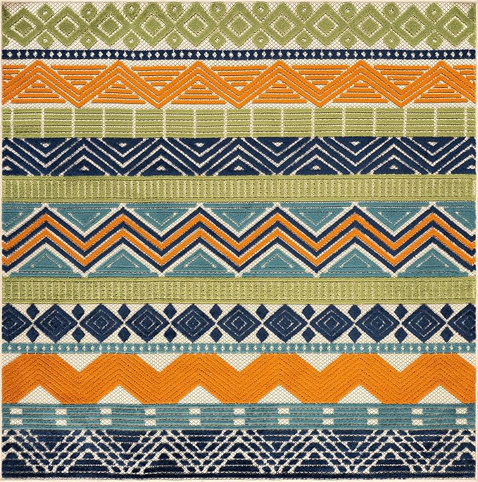 Rugshop Multi Marbella Boho Indoor/Outdoor Square Area Rug, Machine Washable for Patio, Dining Nook and Balcony 6'6" x 6'6" Square