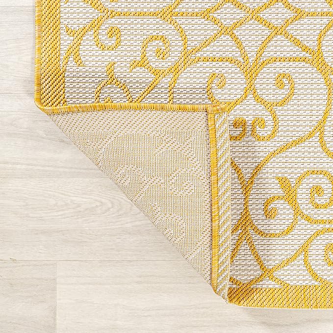JONATHAN Y Vintage Filigree Indoor Outdoor Runner Rug 2X10 Cream/Yellow, Madrid Textured Weave for Backyard, Patio, Porch, Easy-Cleaning, High Traffic, Pet-Friendly, Non-Shedding (SMB107D-210)