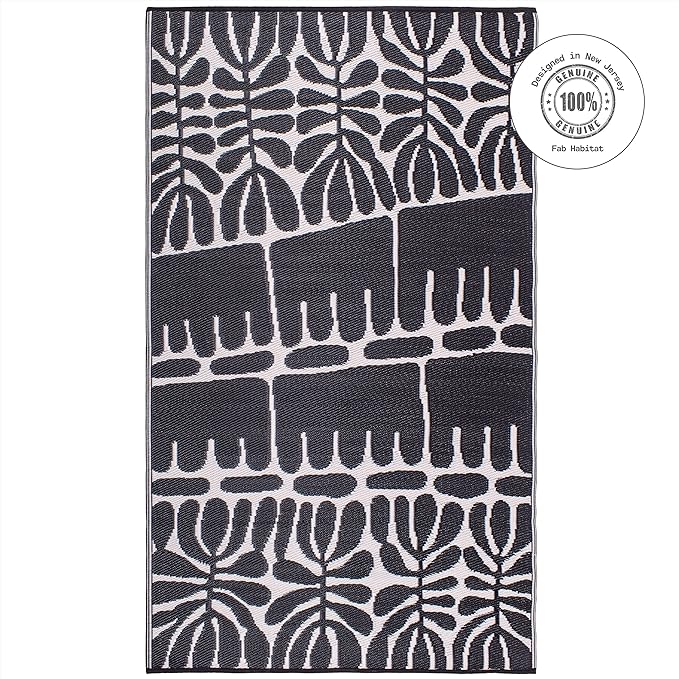 Fab Habitat Tribal Matisse Outdoor Rug - Waterproof, Fade Resistant, Crease-Free, Reversible - Premium Recycled Plastic - Patio Porch Balcony Deck - Serowe Blackwhite - 8x10 ft