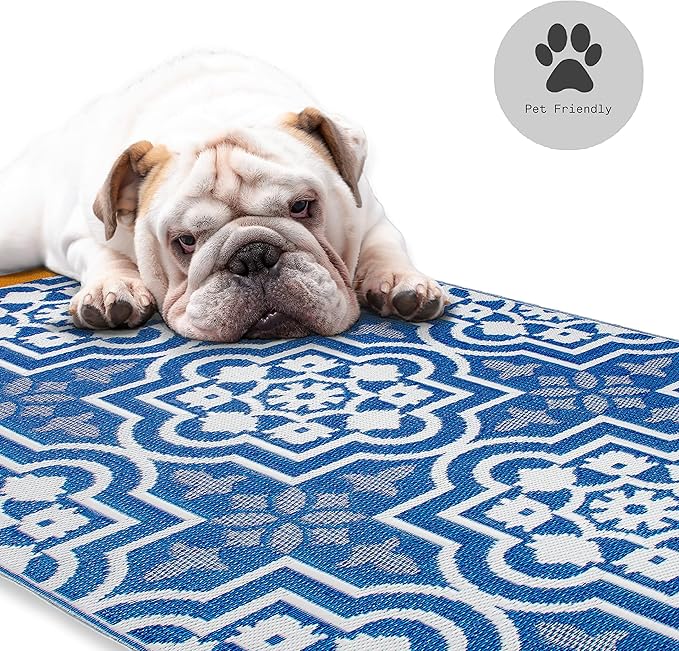 Fab Habitat Outdoor Rug - Waterproof, Fade Resistant, Crease-Free - Premium Recycled Plastic - Spanish Tile Farmhouse - Patio, Deck, Porch, Balcony, Laundry Room - Puebla - Blue - 4 x 6 ft