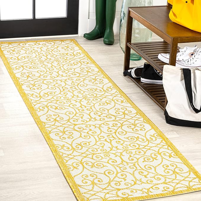 JONATHAN Y Vintage Filigree Indoor Outdoor Runner Rug 2X10 Cream/Yellow, Madrid Textured Weave for Backyard, Patio, Porch, Easy-Cleaning, High Traffic, Pet-Friendly, Non-Shedding (SMB107D-210)