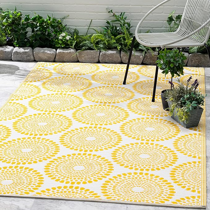 Fab Habitat Outdoor Rug - Waterproof, Fade Resistant, Crease-Free - Premium Recycled Plastic - Floral Medallion - Large Patio, Deck, Sunroom, Camping, RV - Rio - Yellow - 8 x10 ft
