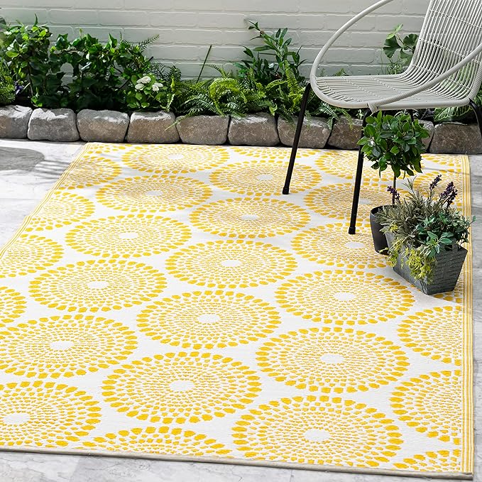 Fab Habitat Outdoor Rug - Waterproof, Fade Resistant, Crease-Free - Premium Recycled Plastic - Floral Medallion - Patio, Porch, Deck, Balcony - Rio - Yellow - 5 x 8 ft