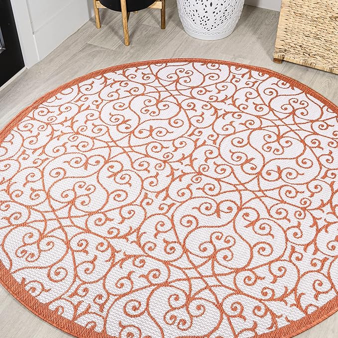 JONATHAN Y Vintage Filigree Indoor Outdoor Round Area Rug 5 Ft Cream/Orange, Madrid Textured Weave for Backyard, Patio, Porch, Easy-Cleaning, High Traffic, Pet-Friendly, Non-Shedding (SMB107L-5R)