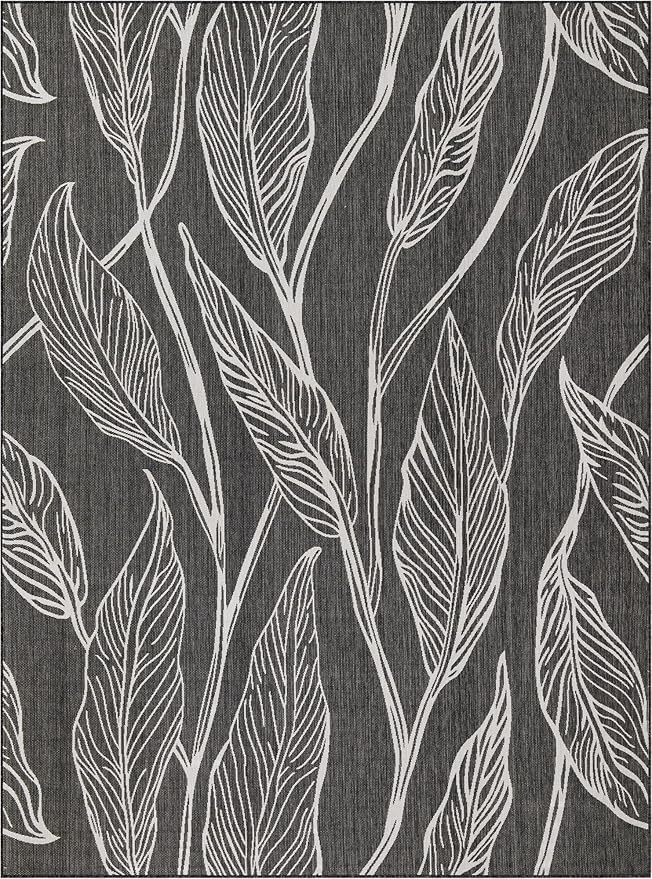 Unique Loom Outdoor Botanical Collection Area Rug - Leaf (9' x 12' Rectangle, Ivory Charcoal)