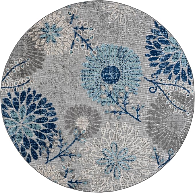 SAFAVIEH Washable Rug Outdoor Cabana Collection - 5'3" Round, Grey & Blue, Non-Shedding & Easy to Clean, Ideal for Patio, Backyard, Mudroom (CBN832F)