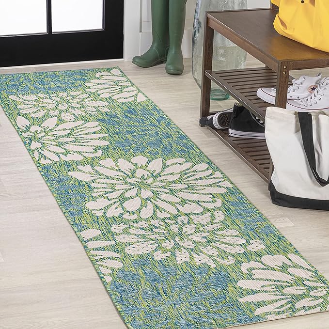 JONATHAN Y Floral Textured Weave Indoor Outdoor Runner Rug 2X10 Cream/Green, Zinnia Modern for Backyard, Patio, Porch, Easy-Cleaning, High Traffic, Pet-Friendly, Non-Shedding (SMB110D-210)