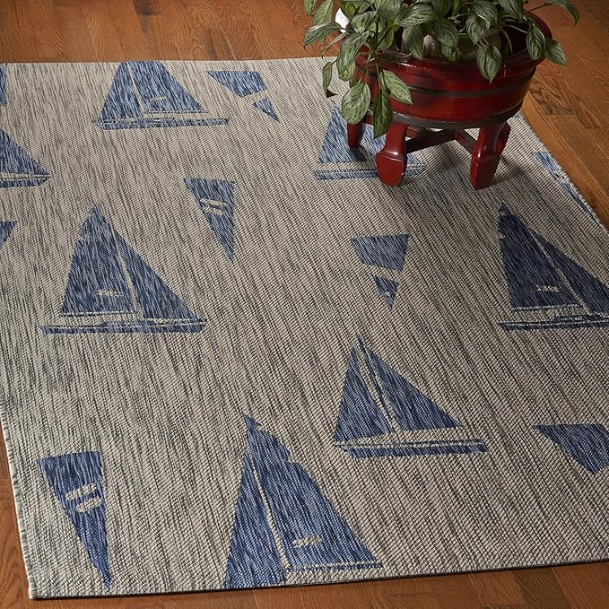LR Home 8x10 Indoor/Outdoor Area Rug for Home Decor | Nautical Sailboats Large Size Carpet for Living Room, Bedroom, Playroom, Patio, Garden | Modern Farmhouse Rug | Gray/Blue