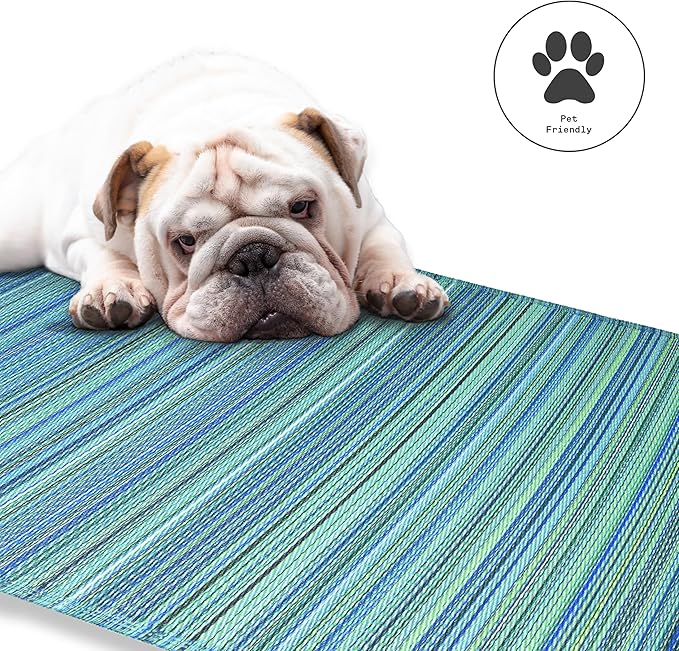 Fab Habitat Outdoor Rug - Waterproof, Fade Resistant, Crease-Free - Premium Recycled Plastic - Striped - Large Patio, Deck, Sunroom, Camping, RV - Cancun - Turquoise & Moss Green - 8 x 8 ft