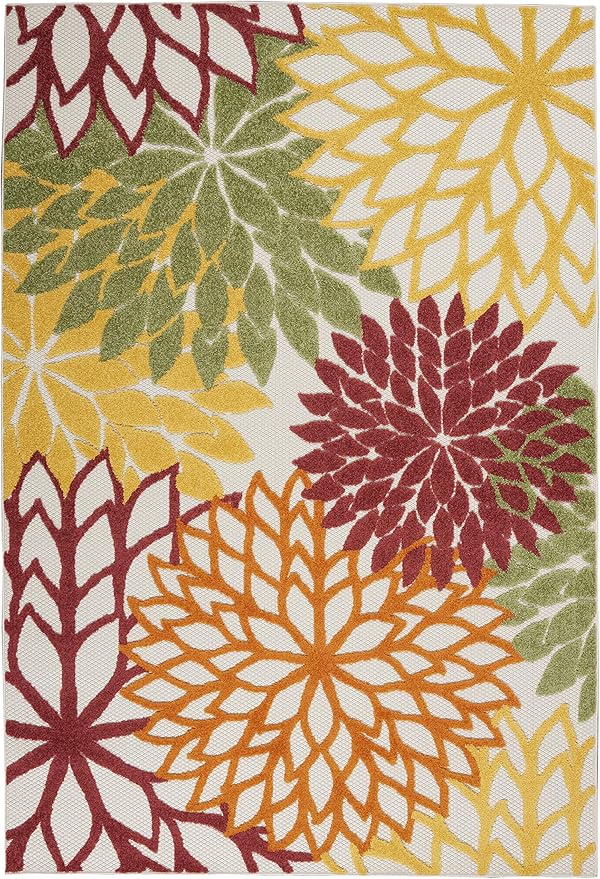 Nourison Home Aloha Indoor/Outdoor Red Multi Colored 3'6" x 5'6" Area Rug, Tropical, Botanical, Easy Cleaning, Non Shedding, Bed Room, Living Room, Dining Room, Deck, Backyard, Patio (3x5)