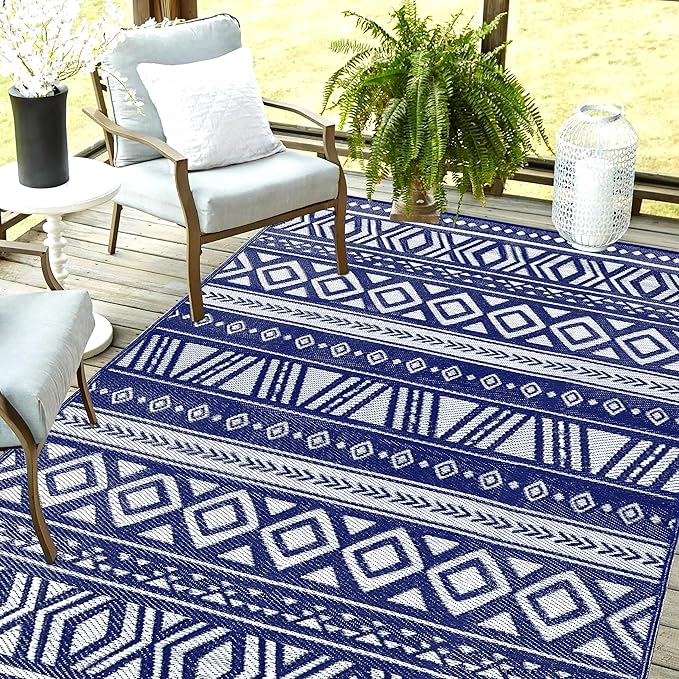 Utopia Home Waterproof Outdoor Rug for Patio 6 x 9 ft, Reversible Plastic Straw Mat for Camping, Picnics, Balcony, Patio, Aztec - Navy & White