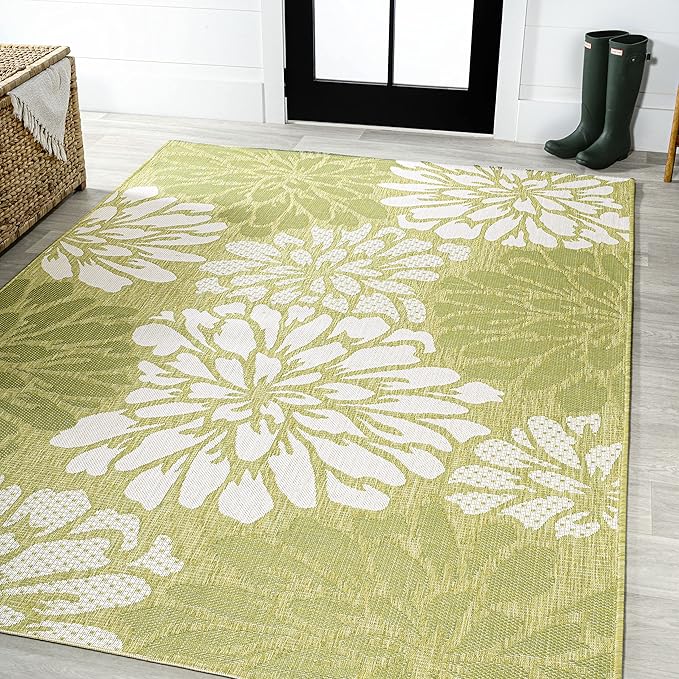 JONATHAN Y Floral Textured Weave Indoor Outdoor Area Rug 8X10 Green/Cream, Zinnia Modern for Backyard, Patio, Porch, Easy-Cleaning, High Traffic, Pet-Friendly, Non-Shedding (SMB110H-8)