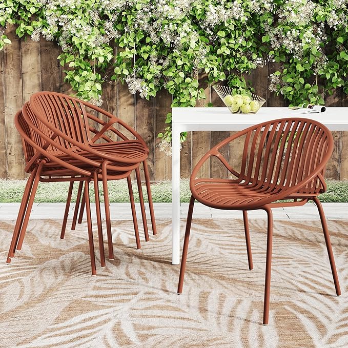 Christopher Knight Home Set of 2 Tita Modern Patio Outdoor Dining Chairs, Stacking Chair, Outside Dinner,Garden/Balcony/Poolside Stackable Accent Chairs,Metal Legs,Plastic Cutout Backrest,Burnt Orange