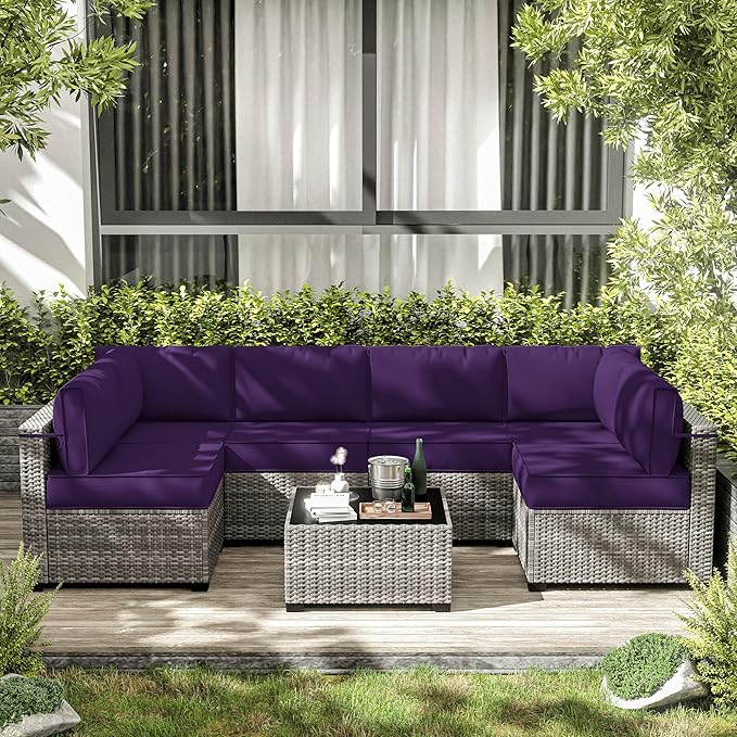 14-Piece Outdoor Cushions for Patio Furniture Thick Outdoor Chair Cushions 5" Foam High-Density Water-Resistant Deep Seat Cushion for 6-Seat Sectional Sets Liner&Cover Purple