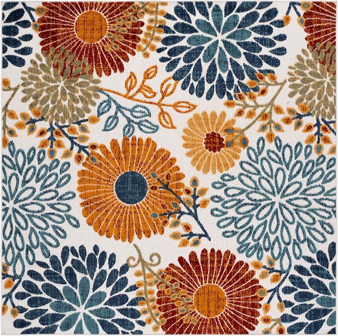 SAFAVIEH Washable Rug Outdoor Cabana Collection - 11' Square, Creme & Red, Non-Shedding & Easy to Clean, Ideal for Patio, Backyard, Mudroom (CBN832A)