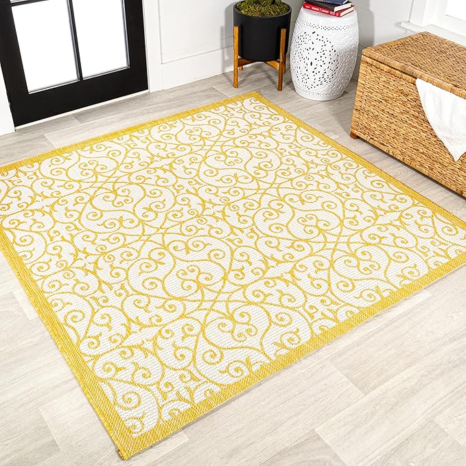 JONATHAN Y Vintage Filigree Indoor Outdoor Square Area Rug 5X5 Cream/Yellow, Madrid Textured Weave for Backyard, Patio, Porch, Easy-Cleaning, High Traffic, Pet-Friendly, Non-Shedding (SMB107D-5SQ)