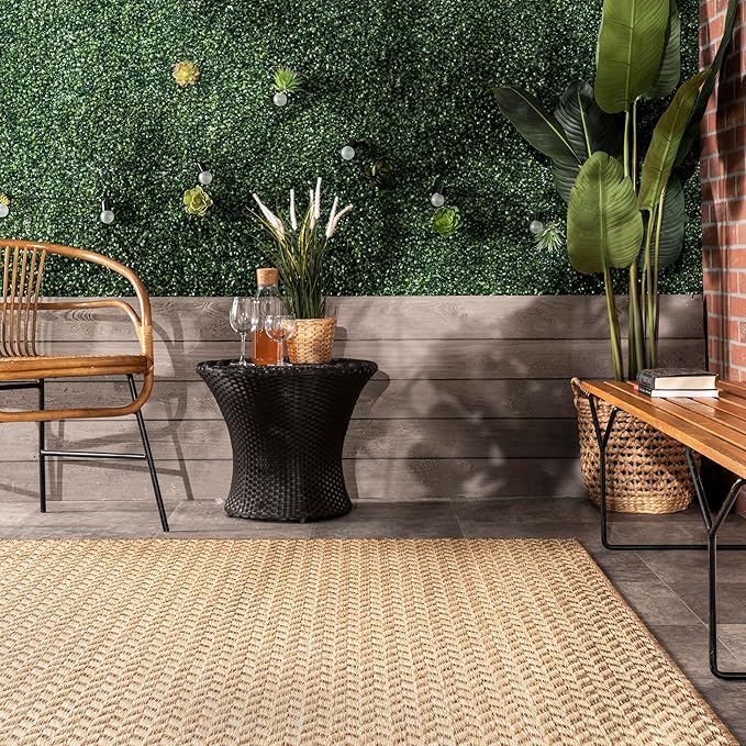 Nuloom Outdoor Performance Camryn Brown/Ivory, 8' Round, Herringbone, Soft, High Traffic, Stain Resistant, Easy Clean, Durable Area Rug for Indoor/Outdoor Patio, Deck, Porch, Garden, Courtyard