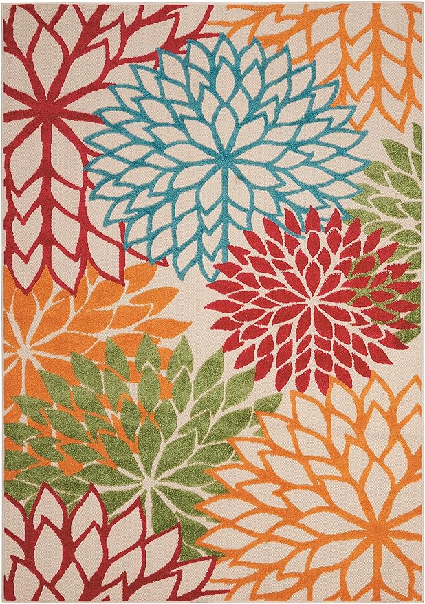 Nourison Home Aloha Indoor/Outdoor Green 5'3" x 7'5" Area Rug, Tropical, Botanical, Easy Clean, Non Shedding, Bed Room, Living Room, Dining Room, Deck, Backyard, Patio (5x7)