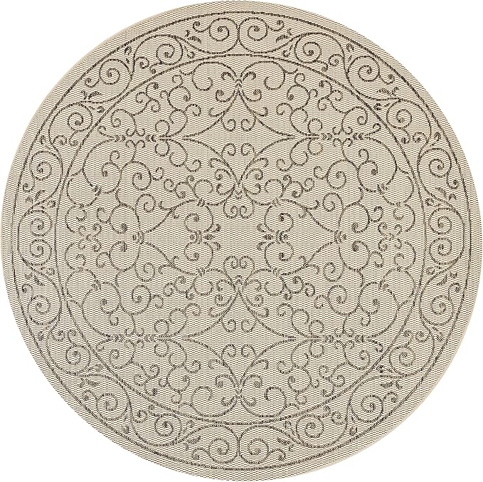 JONATHAN Y Vintage Filigree Indoor Outdoor Round Area Rug 8 Ft Beige/Brown, Charleston Textured Weave for Backyard, Patio, Porch, Easy-Cleaning, High Traffic, Pet-Friendly, Non-Shedding (SMB106A-8R)