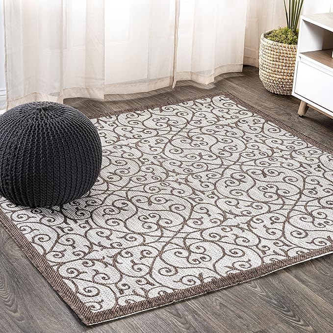 JONATHAN Y Vintage Filigree Indoor Outdoor Square Area Rug 9X9 Taupe/Espresso, Madrid Textured Weave for Backyard, Patio, Porch, Easy-Cleaning, High Traffic, Pet-Friendly, Non-Shedding (SMB107C-9SQ)