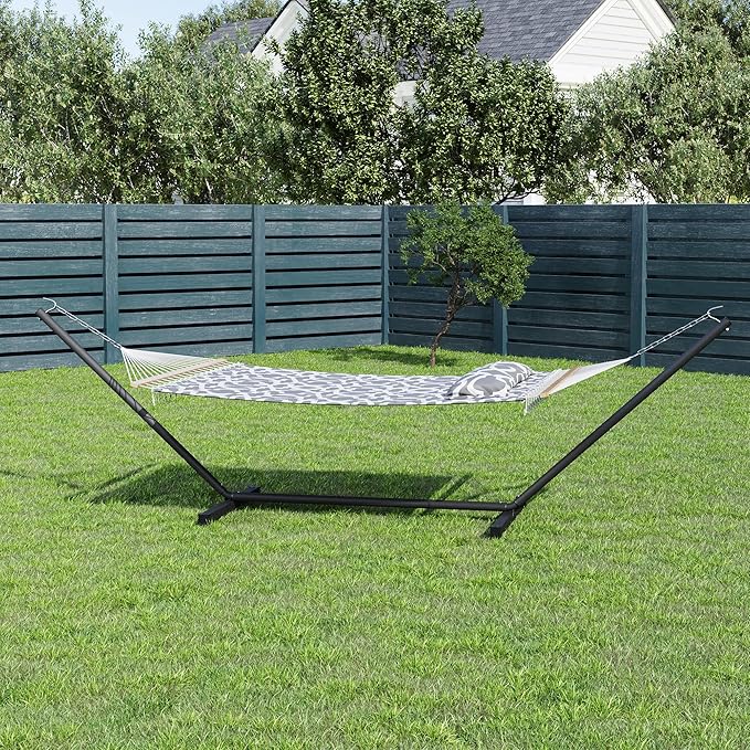 GarveeLife 57" 2 Person Outdoor Hammock, Widening Design Cotton Hammock with Metal Stand, Heavy Duty Construction, 450 LBS Weight Capacity, Light Grey