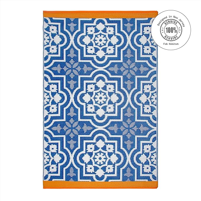 Fab Habitat Outdoor Rug - Waterproof, Fade Resistant, Crease-Free - Premium Recycled Plastic - Spanish Tile Farmhouse - Patio, Deck, Porch, Balcony, Laundry Room - Puebla - Blue - 4 x 6 ft