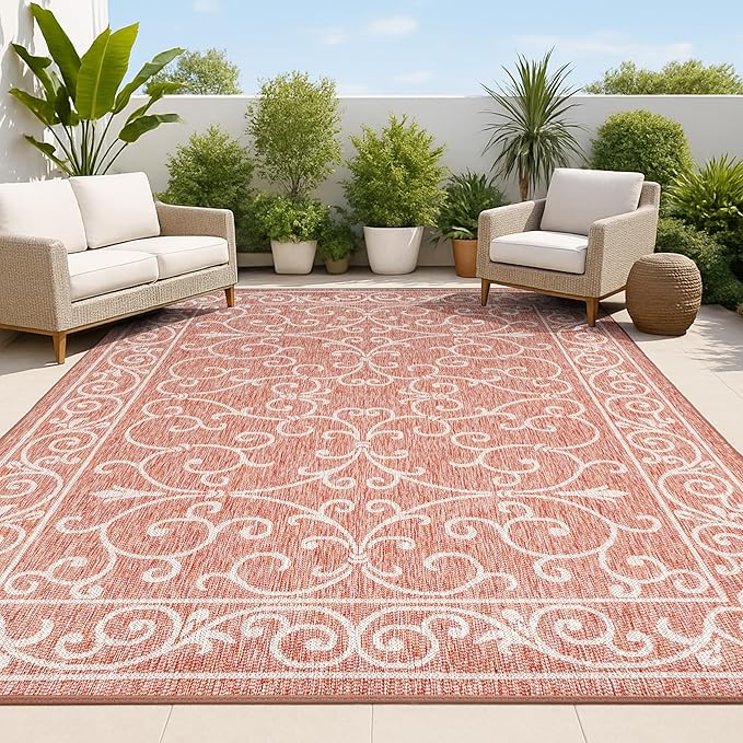 JONATHAN Y Vintage Filigree Indoor Outdoor Area Rug 6X9 Red/Beige, Charleston Textured Weave for Backyard, Patio, Porch, Easy-Cleaning, High Traffic, Pet-Friendly, Non-Shedding (SMB106B-6)