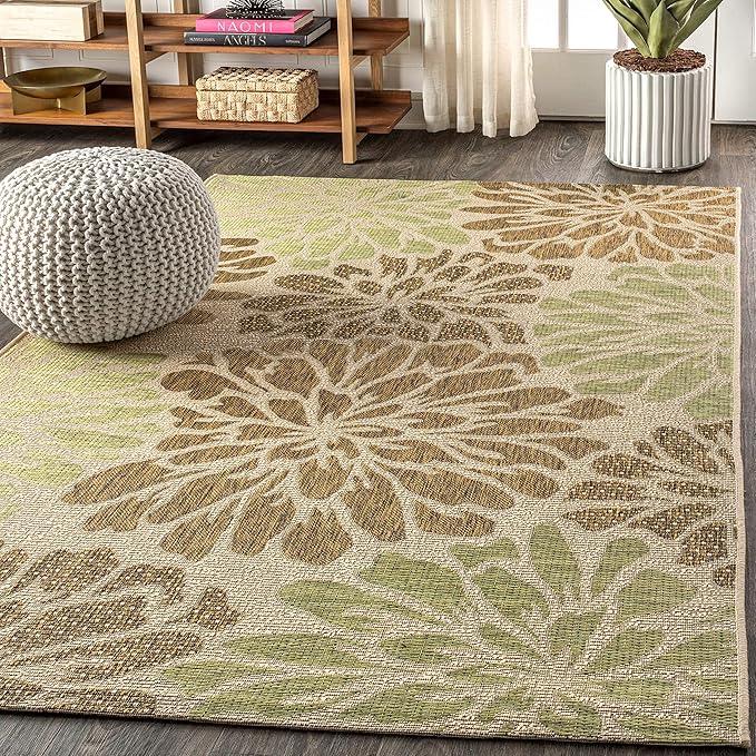 JONATHAN Y Floral Textured Weave Indoor Outdoor Area Rug 10X14 Sage/Brown, Zinnia Modern for Backyard, Patio, Porch, Easy-Cleaning, High Traffic, Pet-Friendly, Non-Shedding (SMB110A-14)