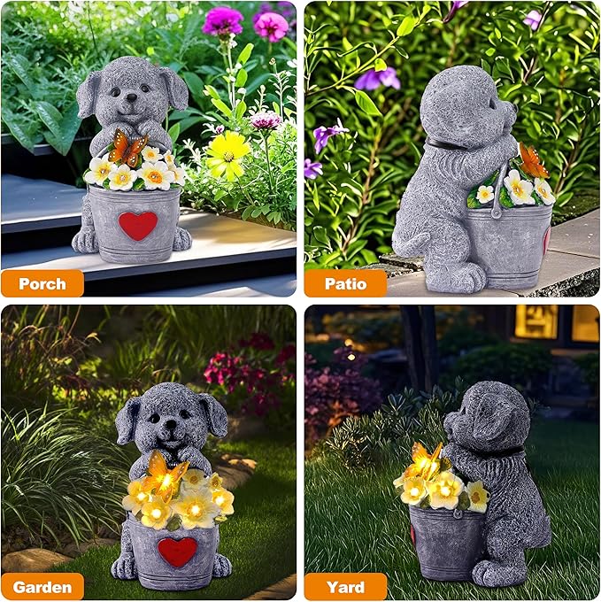 OTAVILEM Solar Garden Decor Dog Statue,Outdoor Dog Figurines with Bucket for Patio, Balcony, Backyard,Lawn Ornaments and Yard Decorations - Unique Gifts for Women, Mom,Grandma