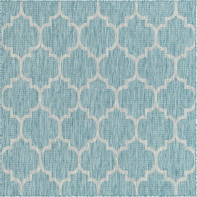 Unique Loom Outdoor Trellis Collection Area Rug (5' 1" Square, Aquamarine/ Gray)