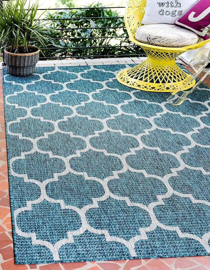 Unique Loom Outdoor Trellis Collection Area Rug (4' 1" x 6' 1" Rectangle, Teal/ Gray)