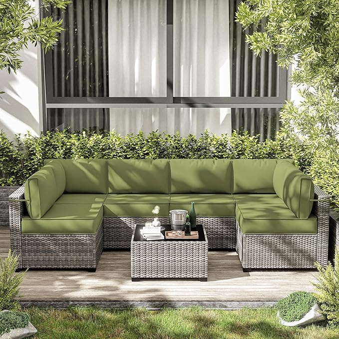 14-Piece Outdoor Cushions for Patio Furniture Thick Outdoor Chair Cushions 5" Foam High-Density Water-Resistant Deep Seat Cushion for 6-Seat Sectional Sets Liner&Cover Light Green