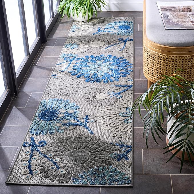 SAFAVIEH Washable Rug Outdoor Cabana Collection - 2' x 12' Runner, Grey & Blue, Non-Shedding & Easy to Clean, Ideal for Patio, Backyard, Mudroom (CBN832F)
