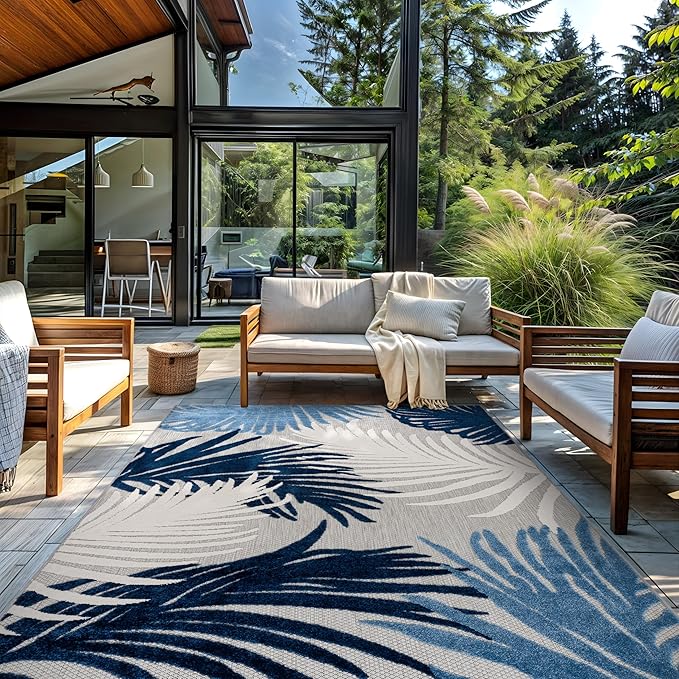 Rugshop Navy Lucca Contemporary Floral Indoor/Outdoor Area Rug Durable Polypropylene, Weather Resistant, Easy to Clean for Backyard, Deck and Outdoor Lounge 10' x 14'