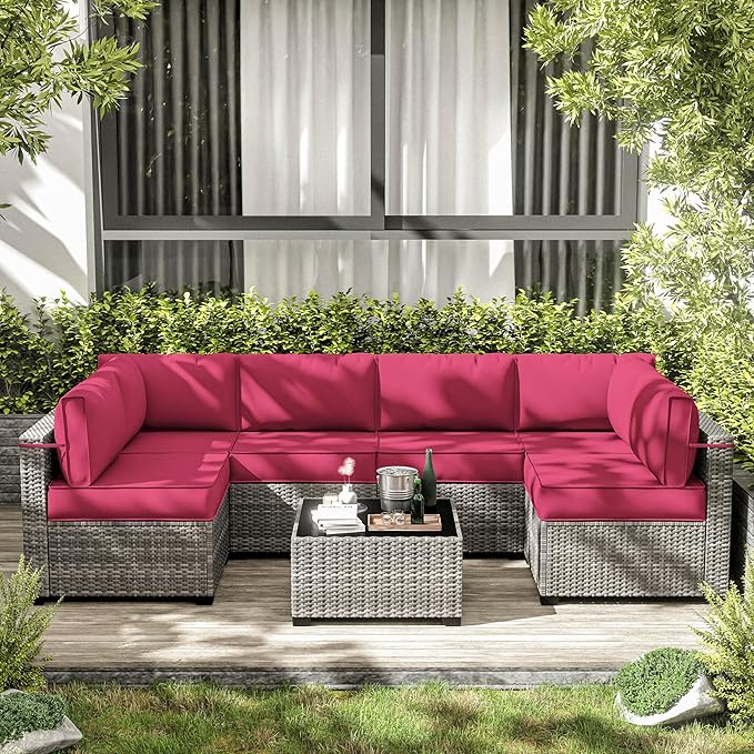 14-Piece Outdoor Cushions for Patio Furniture Thick Outdoor Chair Cushions 5" Foam High-Density Water-Resistant Deep Seat Cushion for 6-Seat Sectional Sets Liner&Cover Pink