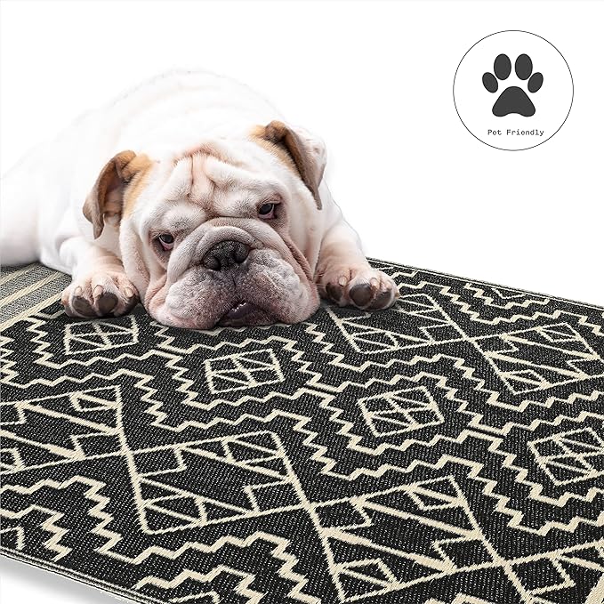 Fab Habitat Outdoor Rug - Waterproof, Fade Resistant, Crease-Free - Premium Recycled Plastic - Tribal Boho Neutral - Porch, Deck, Balcony, Hallway, Poolside - Kilimanjaro - Black - 2.5 x 8 ft Runner