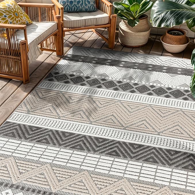 Rugshop Gray Marbella Boho Indoor/Outdoor Area Rug, Machine Washable for Patio, Balcony and Entry 4' x 6'