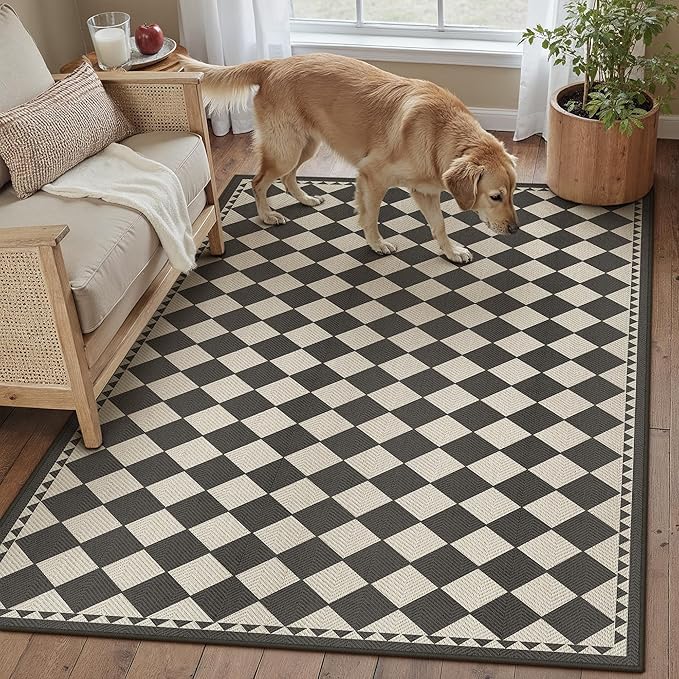 HUGEAR 3x5 Outdoor Rug Black/Beige Linen-Look Fabric Checkered Area Rug High Traffic Stain Resistant Easy Clean Durable Rugs for Indoor/Outdoor Patio Deck Balcony Porch Garden Courtyard