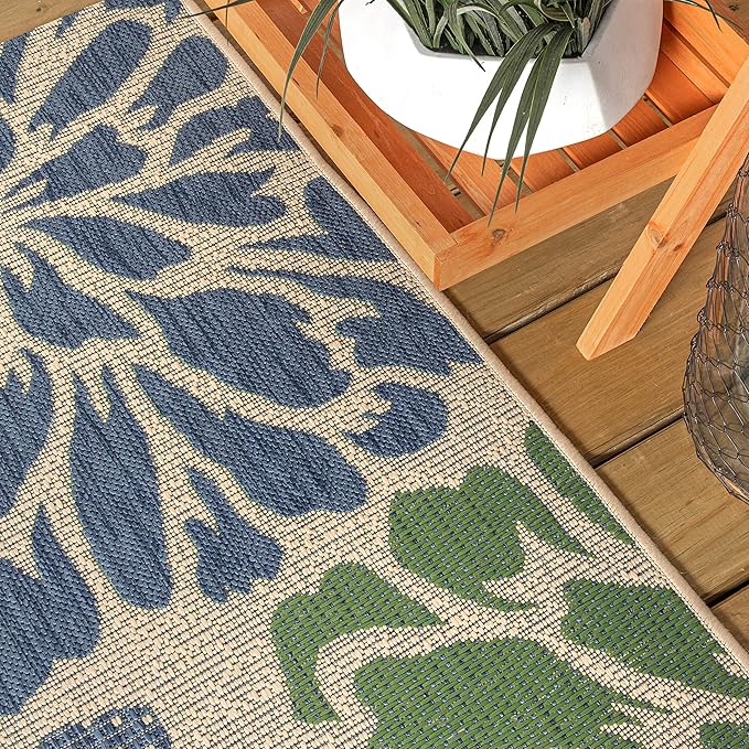 JONATHAN Y Floral Textured Weave Indoor Outdoor Round Area Rug 8 Ft Navy/Green, Zinnia Modern for Backyard, Patio, Porch, Easy-Cleaning, High Traffic, Pet-Friendly, Non-Shedding (SMB110B-8R)