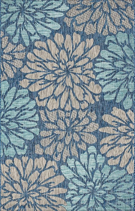 JONATHAN Y Floral Textured Weave Indoor Outdoor Area Rug 8X10 Navy/Aqua, Zinnia Modern for Backyard, Patio, Porch, Easy-Cleaning, High Traffic, Pet-Friendly, Non-Shedding (SMB110C-8)