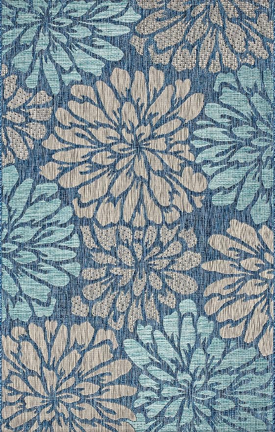 JONATHAN Y Floral Textured Weave Indoor Outdoor Area Rug 3X5 Navy/Aqua, Zinnia Modern for Backyard, Patio, Porch, Easy-Cleaning, High Traffic, Pet-Friendly, Non-Shedding (SMB110C-3)