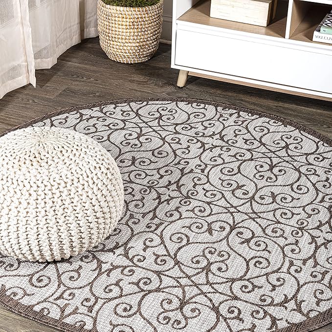 JONATHAN Y Vintage Filigree Indoor Outdoor Round Area Rug 9 Ft Taupe/Espresso, Madrid Textured Weave for Backyard, Patio, Porch, Easy-Cleaning, High Traffic, Pet-Friendly, Non-Shedding (SMB107C-9R)