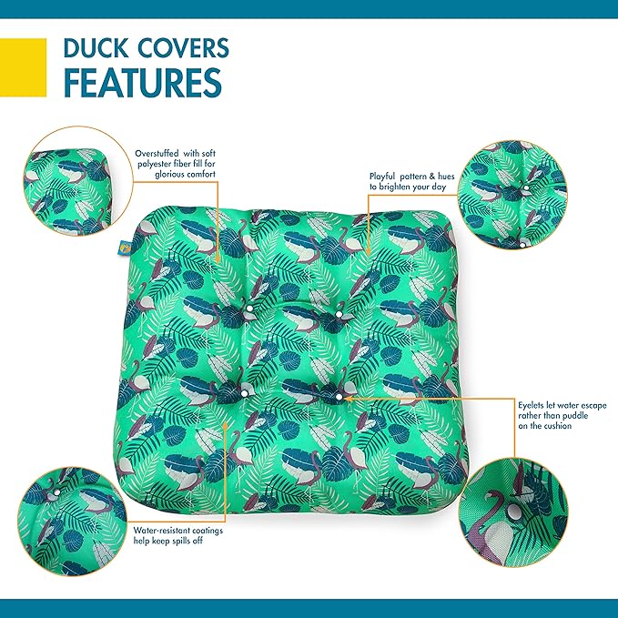 Duck Covers Water-Resistant Indoor/Outdoor Seat Cushions, 19 x 19 x 5 Inch, 2 Pack, Mojito Flamingo