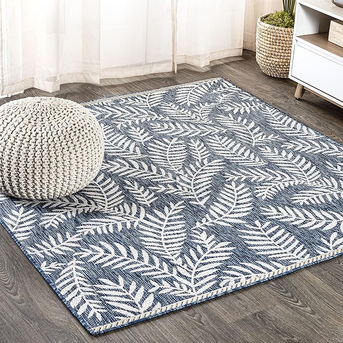 JONATHAN Y Palm Frond Indoor Outdoor Square Area Rug 9X9 Navy/Ivory, Nevis for Backyard, Patio, Porch, Easy-Cleaning, High Traffic, Pet-Friendly, Non-Shedding (SMB119B-9SQ)