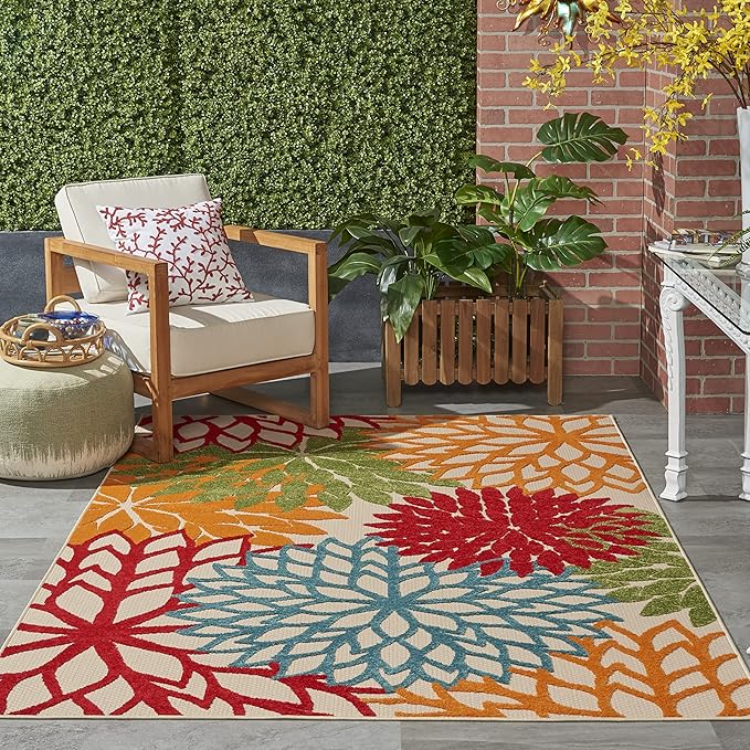 Nourison Home Aloha Indoor/Outdoor Green 5'3" x 7'5" Area Rug, Tropical, Botanical, Easy Clean, Non Shedding, Bed Room, Living Room, Dining Room, Deck, Backyard, Patio (5x7)