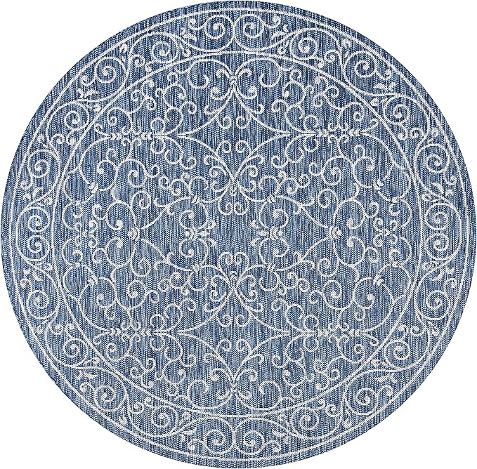 JONATHAN Y Vintage Filigree Indoor Outdoor Round Area Rug 8 Ft Navy/Gray, Charleston Textured Weave for Backyard, Patio, Porch, Easy-Cleaning, High Traffic, Pet-Friendly, Non-Shedding (SMB106D-8R)