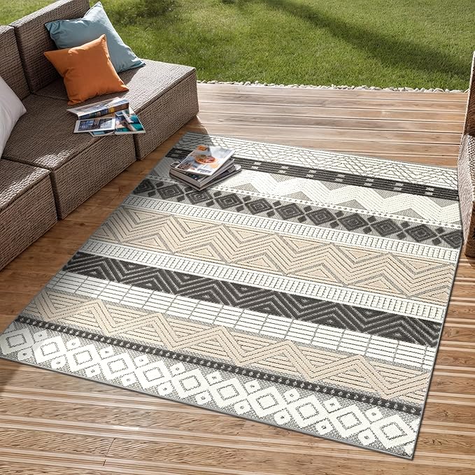 Rugshop Gray Marbella Boho Indoor/Outdoor Square Area Rug, Machine Washable for Patio, Dining Nook and Balcony 6'6" x 6'6" Square