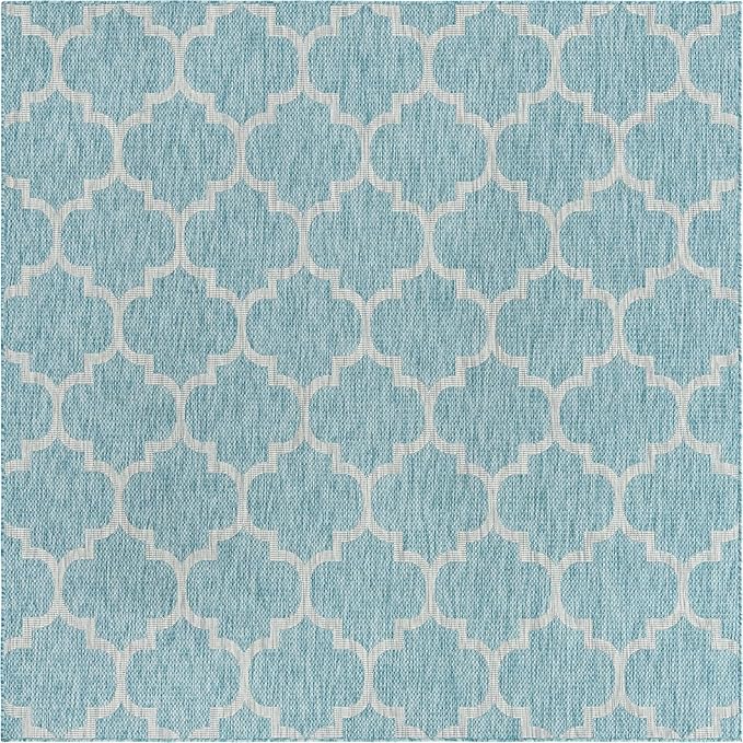 Unique Loom Outdoor Trellis Collection Area Rug (7' 10" Square, Aquamarine/ Gray)