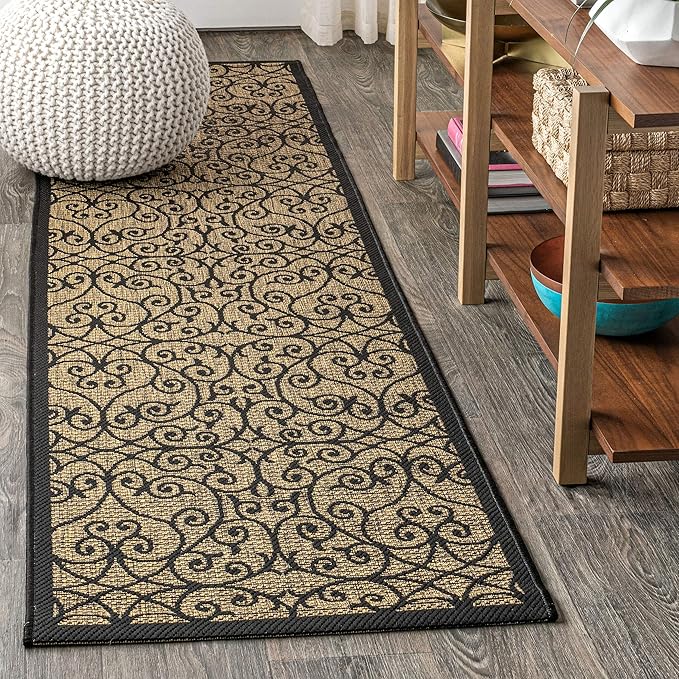 JONATHAN Y Vintage Filigree Indoor Outdoor Runner Rug 2X10 Black/Khaki, Madrid Textured Weave for Backyard, Patio, Porch, Easy-Cleaning, High Traffic, Pet-Friendly, Non-Shedding (SMB107A-210)