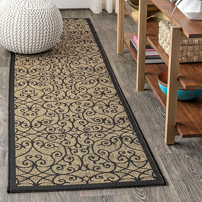 JONATHAN Y Vintage Filigree Indoor Outdoor Runner Rug 2X20 Black/Khaki, Madrid Textured Weave for Backyard, Patio, Porch, Easy-Cleaning, High Traffic, Pet-Friendly, Non-Shedding (SMB107A-220)